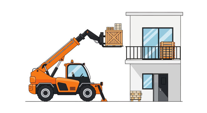 Orange Telehandler Lifting Wooden Crate to Building Balcony Vector Illustration