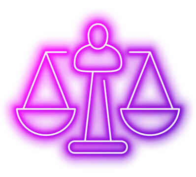 Outline of justice scale icon with human figure symbolizing law and equality. Neon glowing effect icon