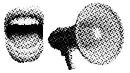 Pop art halftone mouth and megaphone open lips and loudspeaker for communication and protest isolated on white background