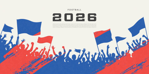Naklejka na ściany i meble Football supporters with waving flags in stadium crowd. Red and blue fan silhouettes with grunge brush texture for posters, banners and sports backgrounds for football events. Vector illustration