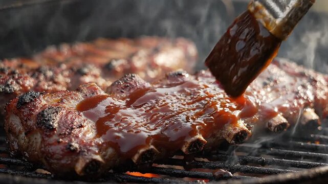 Juicy pork ribs being grilled and brushed with barbecue sauce. The meat is caramelized and smoking over hot coals