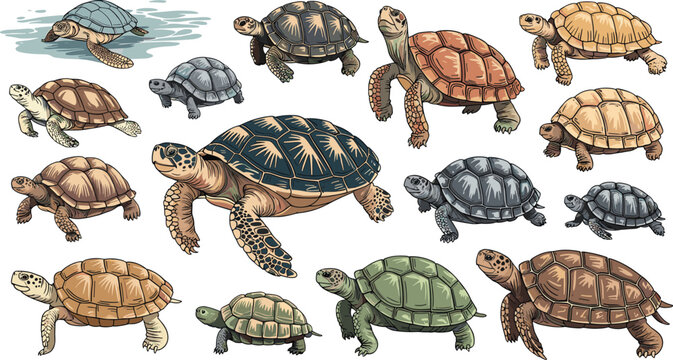 Turtle and tortoise illustrations with diverse shell patterns, colors, aquatic and land reptile vector design concepts
