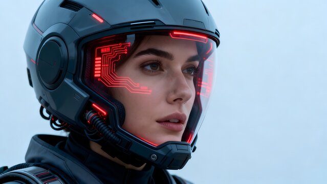 Person wearing futuristic helmet with glowing visor