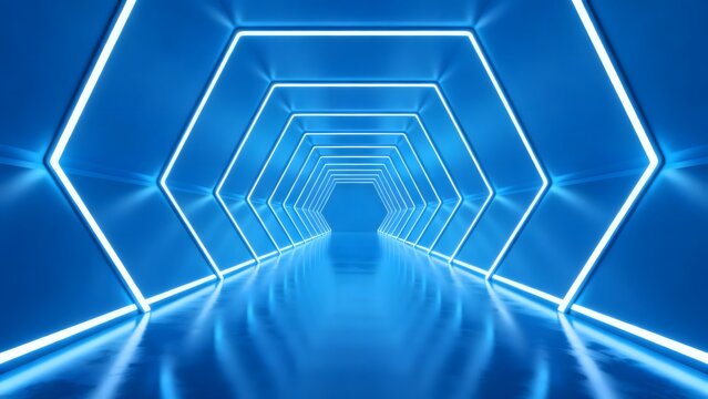 Blue neon hexagonal tunnel