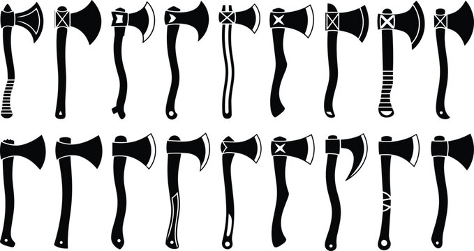 Axe silhouette illustrations with single and double blades, curved handles, decorative grips, and vector design concepts