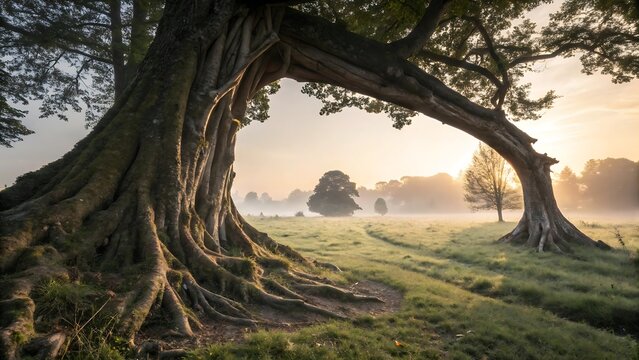 Massive exposed tree roots arching skyward in a lush green forest at sunrise exposed roots