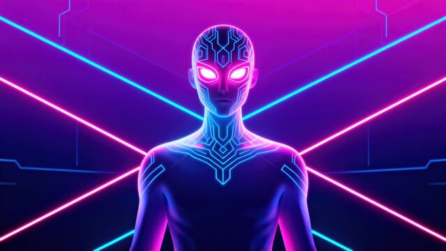 Futuristic humanoid figure with neon lines