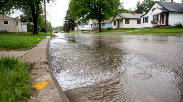 Closeup of high water flooding on residential neighborhood street after heavy rainstorm. Urban disaster scene with submerged roadway, severe weather and rising floodwaters