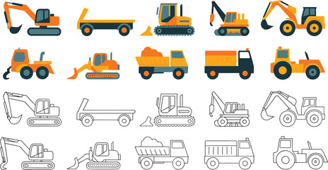 Construction vehicle illustrations with excavator, bulldozer, dump truck, loader, tractor, colored icons, and outline vector designs © Creative Stoker