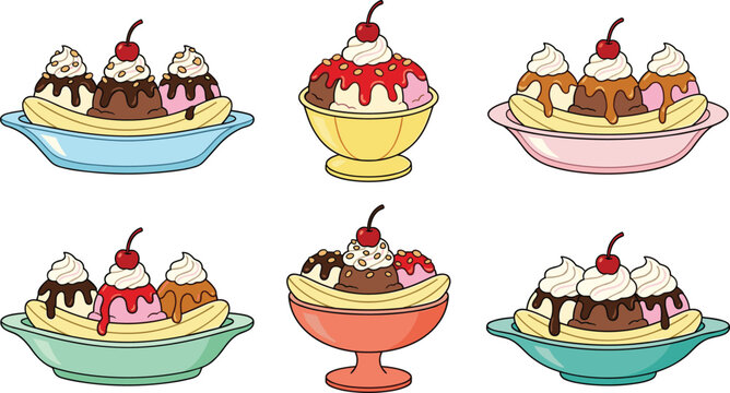 Retro Cartoon Banana Split Ice Cream Sundae Collection Set With Cherry Whipped Cream And Chocolate Sauce Classic Dessert Vector Illustration