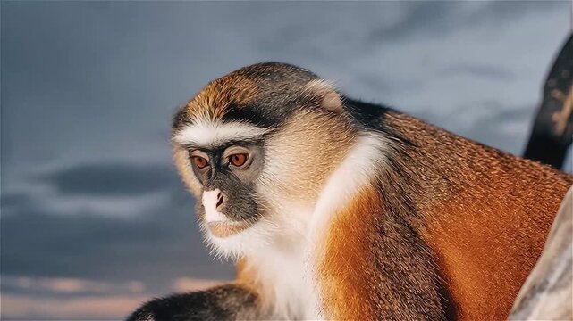Close up of Owl-Faced Monkey (Cercopithecus hamlyni) in its natural habitat on night scene, Pantanal wetlands, Brazil.
