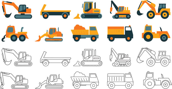 Construction vehicle illustrations with excavator, bulldozer, dump truck, loader, tractor, colored icons, and outline vector designs