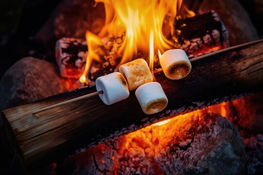 Four marshmallows toast over campfire flames on wooden stick. Enjoying sweet snack outdoors by warm glowing fire with wood logs and embers. Outdoor cooking dessert fun.