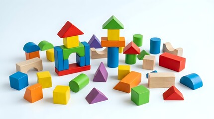 Obraz premium Colorful wooden building blocks set with geometric shapes including cubes, cylinders, triangles and rectangles scattered on white background for educational play.