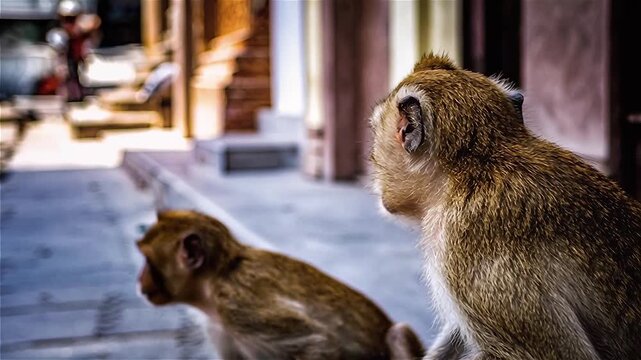 Troops of long-tailed macaques living in urban areas, Lopburi, Thailand.
