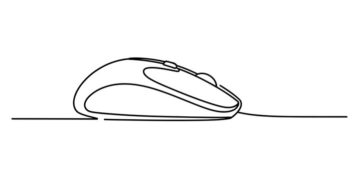 Simple line drawing of a computer mouse with a wire, clean and modern single line art, technology concept
