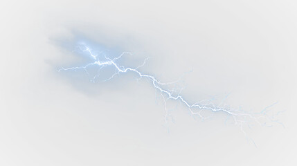 Blue and white lightning bolt striking through clouds with bright light and electrical energy on a clear background, light overlay, PNG © Liubov