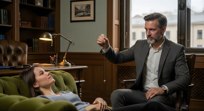 Hypnotherapist performing hypnosis session on woman in classic office