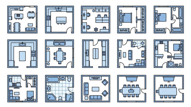 Collection of diverse floor plan layouts for apartments and houses.