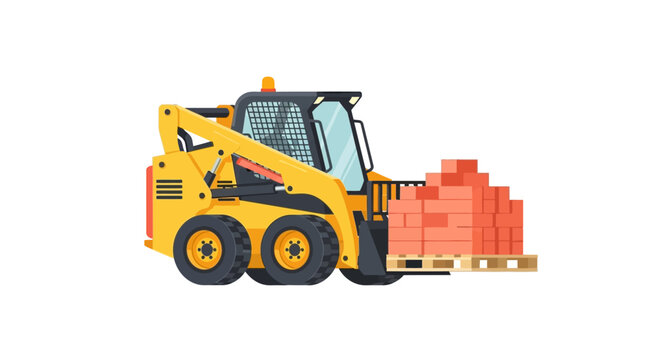 Yellow Skid Steer Loader with Red Bricks on Pallet, Vector Construction Equipment Illustration