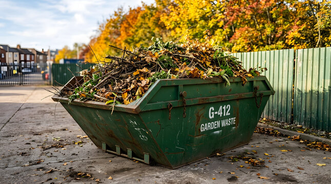 Green garden waste skip bin on concrete pavement in autumn