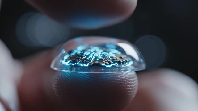 AI generated 4k smart contact lens glowing on finger with transformative teal lighting.