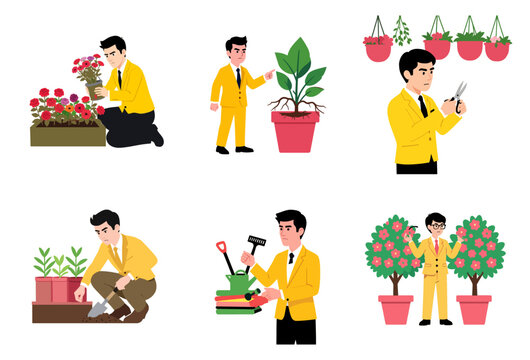 Modern flat vector illustration of a determined business executive managing floriculture growth and plant operations in a vibrant, professional nursery setting.