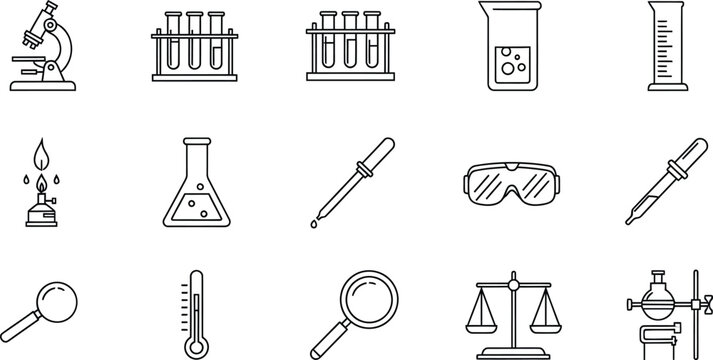 Science laboratory equipment icons set line art silhouette isolated on transparent background