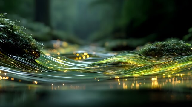 Mystical glowing river background with golden light particles and mossy rocks in a dark forest
