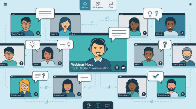 A modern flat design illustration depicting a dynamic online webinar or remote learning session, with diverse participants connecting digitally for discussion and knowledge exchange.
