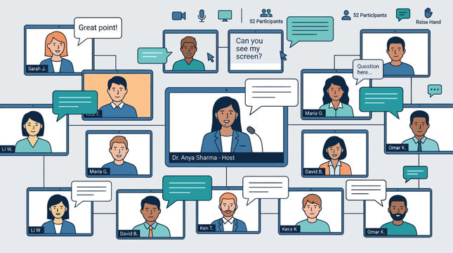 A modern flat design illustration depicting a dynamic online webinar or remote learning session, with diverse participants connecting digitally for discussion and knowledge exchange.
