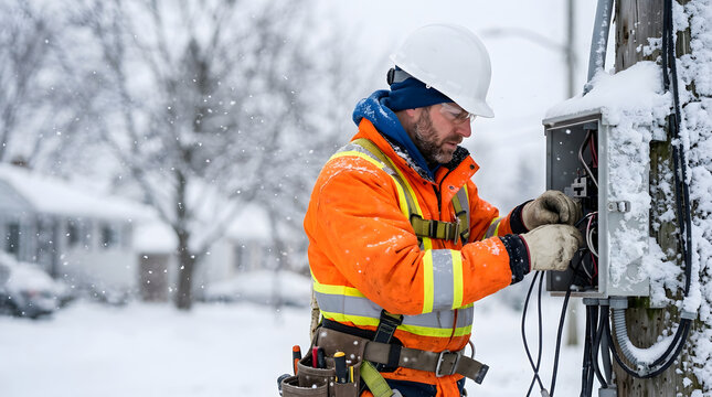 Utility worker repairing power lines in winter blizzard