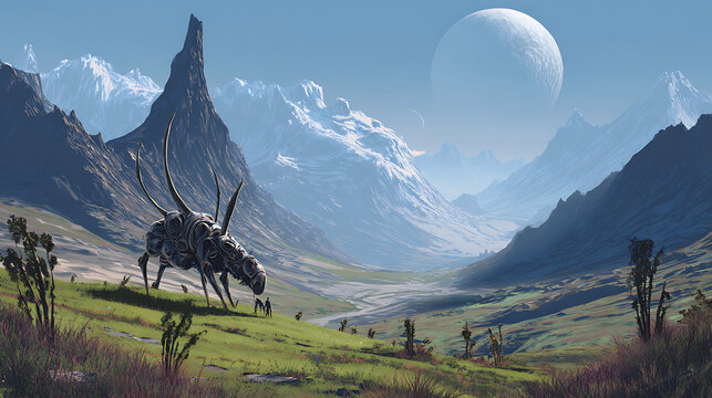 Futuristic alien creature grazing in a lush mountain valley under a giant planet and moon, great for sci-fi storytelling and gaming concept art