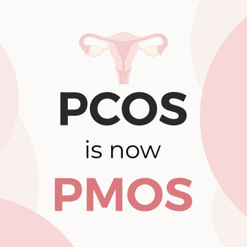 PCOS is Now PMOS Bold Text on Pink Gradient Background with Uterine Anatomy Women Health Vector Illustration