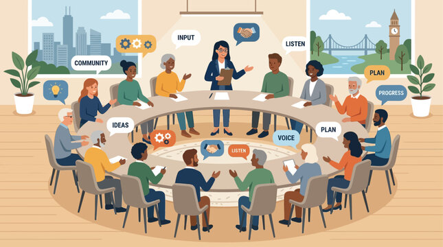 A vibrant flat design illustration portraying a community dialogue session, where diverse individuals engage in open communication to discuss local issues and foster collective understanding.