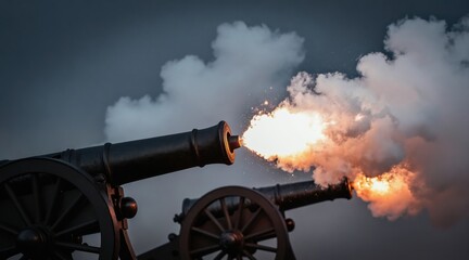 Fototapeta premium Two vintage cannons fire intensely sending smoke clouds into dark sky. Dramatic muzzle flash from artillery blast illuminates scene with orange glow. Loud bang noise.