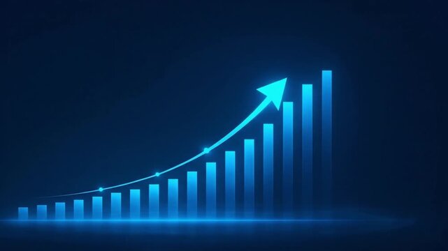 Dynamic visual of increasing business success and market growth, featuring an upward-pointing arrow over a glowing bar graph on a modern digital blue background, symbolizing progress and achievement