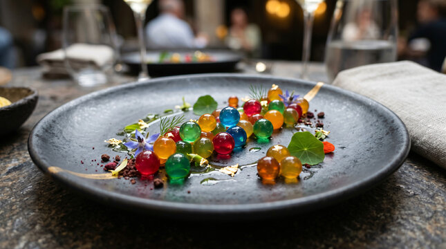 Colorful Spherification on Gourmet Plate.