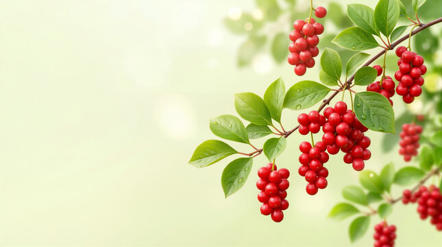 Schisandra chinensis berry banner with green leaves and copy space for skincare, supplements, herbal tea, wellness ads and botanical product design.