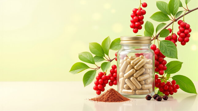 Schisandra dietary supplement banner with capsules, powder and berries for wellness ads, herbal product packaging, ecommerce promotion and adaptogen branding.