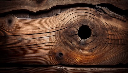 Fototapeta premium rustic wooden planks with hole close up vertical shot showing texture grain and damage detail for backgrounds and textures
