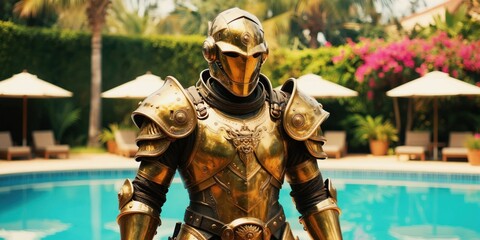 Golden armored figure stands poolside in lush green garden. Futuristic knight with detailed metal armor near swimming pool. Sunny day vacation with fantasy character.