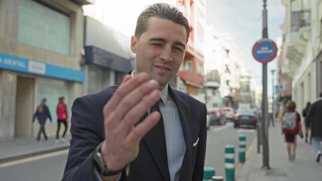 Man in suit pointing finger to camera on a city street with storefronts, cars and bollards visible; confidence invitation.