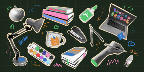 Back to School Collage Sticker set Halftone School Supplies Stationery Laptop Light Bulb Hands Books Trendy Modern retro Cutout Elements Concept for school College university study Vector illustration © T. Lusin