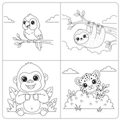 Fototapeta premium Cute Jungle Animals Coloring Page Parrot Sloth Gorilla Leopard for Kids 