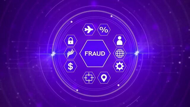 Central hexagon labeled FRAUD surrounded by for airplane percentage lock graph dollar sign location person and globe against a purple technological background with glowing lights and digital