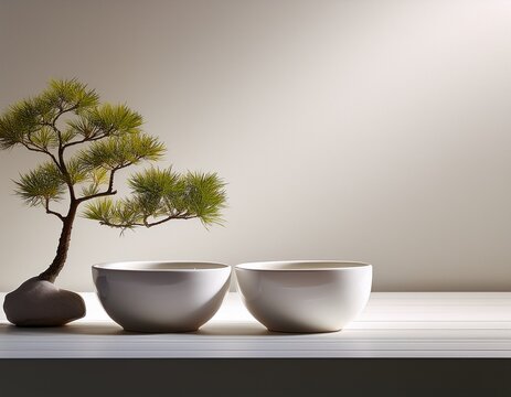 minimalist zen inspired display with two white bowls and a small tree