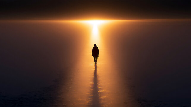 Lone Silhouette Walking Toward Glowing Horizon Light on Reflective Surface, Spiritual Journey and Hope Concept