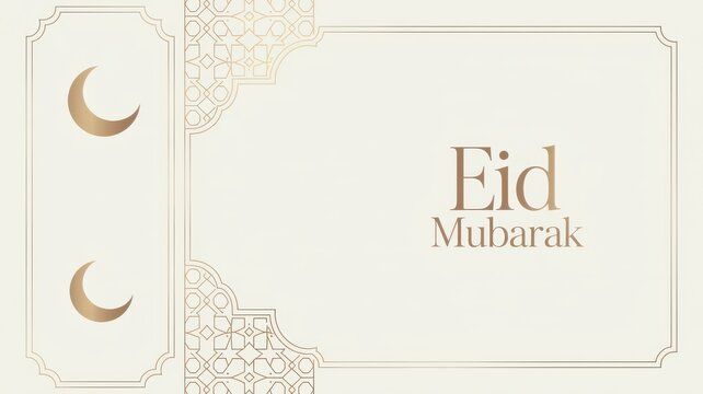Elegant Eid Mubarak greeting with crescent moons and Islamic geometric patterns in soft cream and gold tones for celebrations