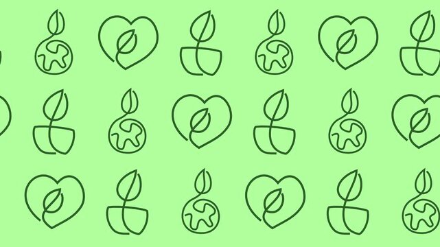 Green growth and eco sustainability pattern with seamless line art icons of sprouts, earth, and heart symbol in horizontal background animation for environmental conservation and ecology wallpaper.